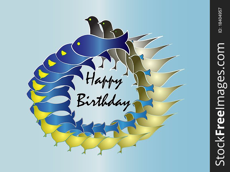 Birthday card with birds and fish. Birthday card with birds and fish