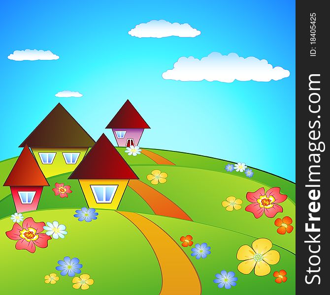 Cartoon rural landscape with flowers and houses. Cartoon rural landscape with flowers and houses