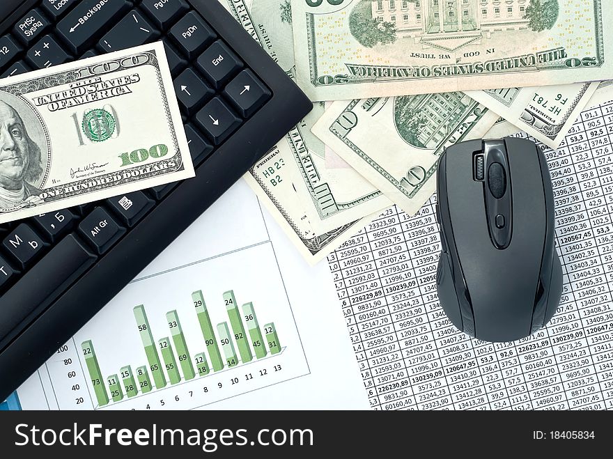 Black keyboard, mouse and dollars on a stock chart. Black keyboard, mouse and dollars on a stock chart