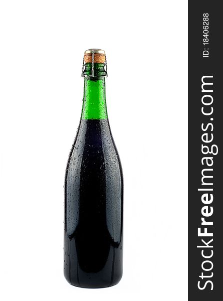 Bottle of champagne with drops of water. Isolated on white backround. All image in focus