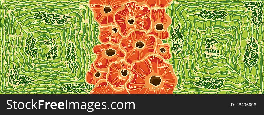 Beautiful red flowers on the green background. Seamless pattern