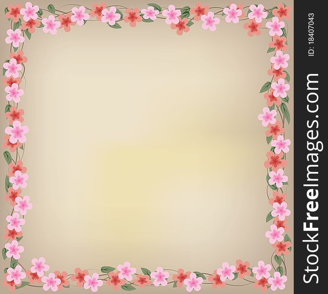 Abstract floral illustration with pink flowers on beige background