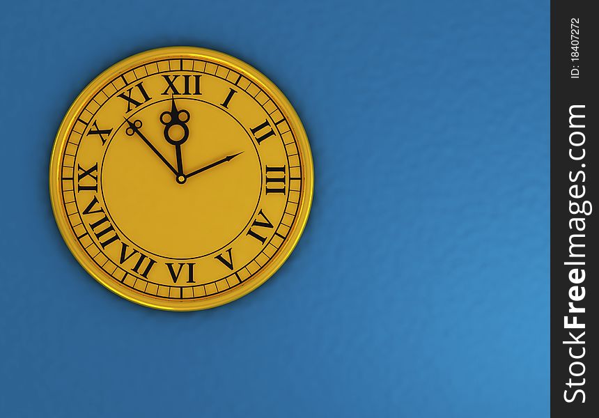 3d antique old clock on blue wall