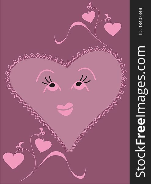 Pink heart, vector illustration, eyes, lips