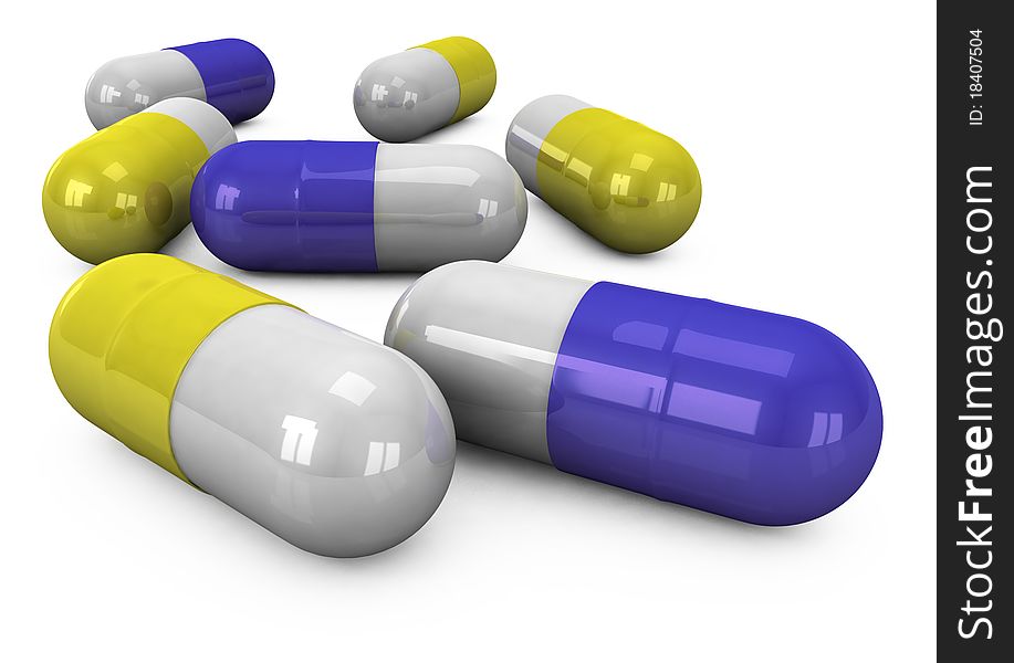 3d different tablets and pills on a white background. 3d different tablets and pills on a white background