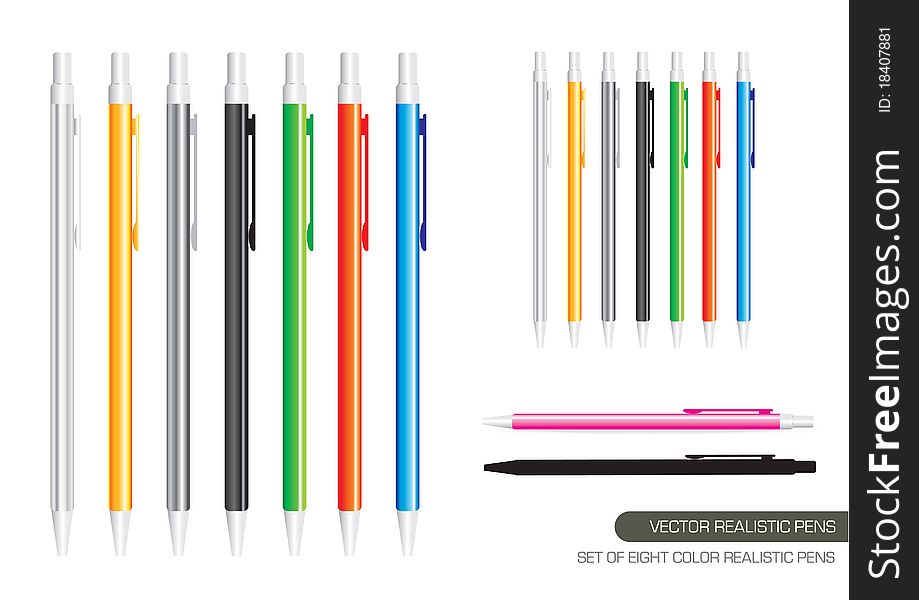 Set Of Eight Color Realistic Pens. Set Of Eight Color Realistic Pens