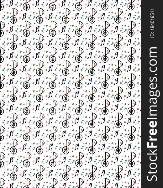 Black musical notes pattern with colorful dots