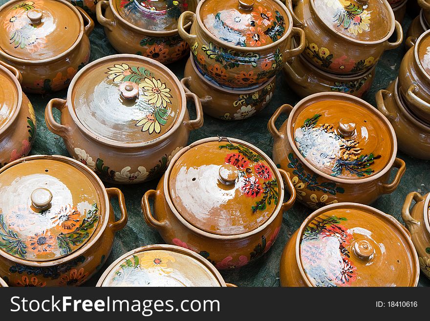 Details of handmade ceramic pottery on a market