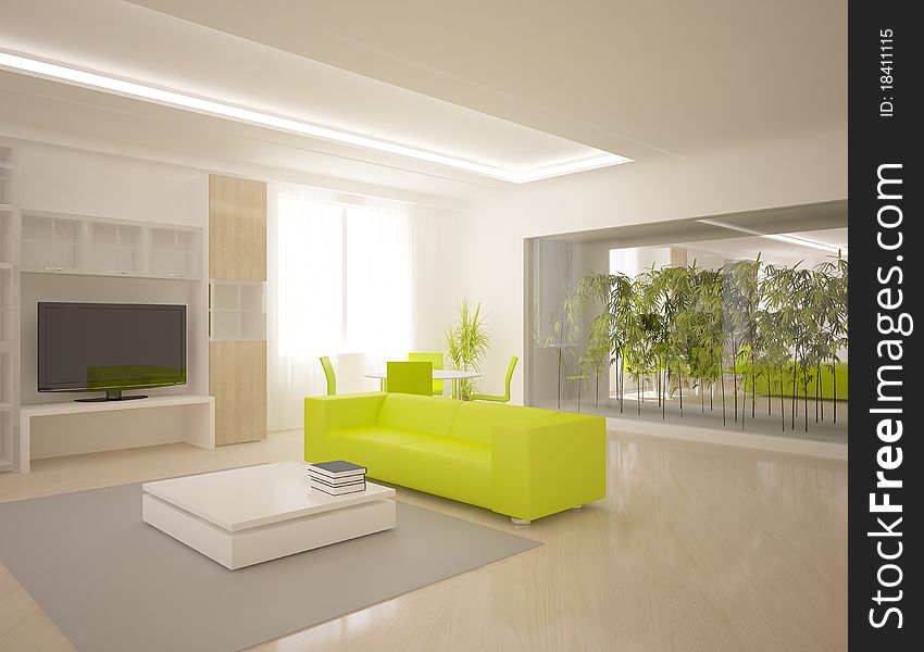 White modern interior with green furniture