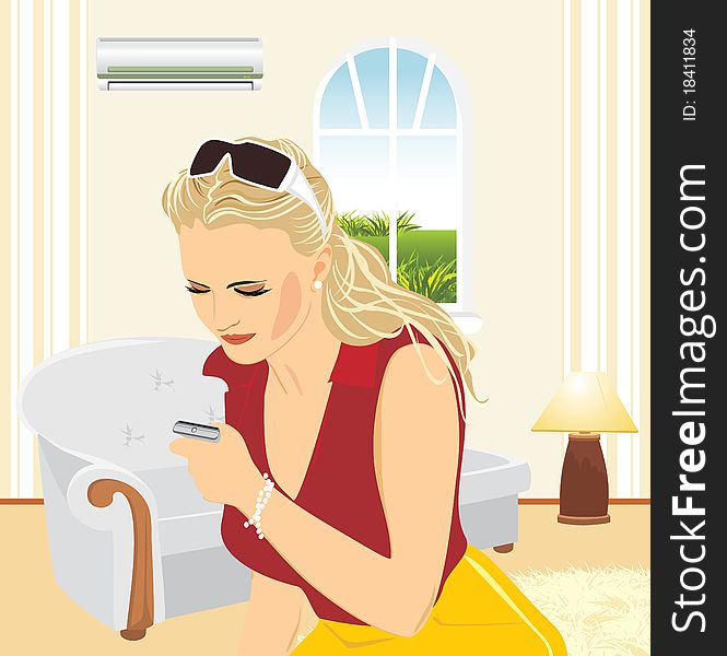 Young woman with a mobile telephone in the living room. Illustration. Young woman with a mobile telephone in the living room. Illustration