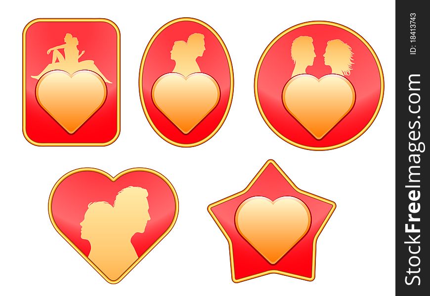 Badges with the image of the heart and the silhouette of couple in love on red background.
Illustration is easily edited. 
Isolated on white background. 
This is  illustration eps8. Badges with the image of the heart and the silhouette of couple in love on red background.
Illustration is easily edited. 
Isolated on white background. 
This is  illustration eps8.