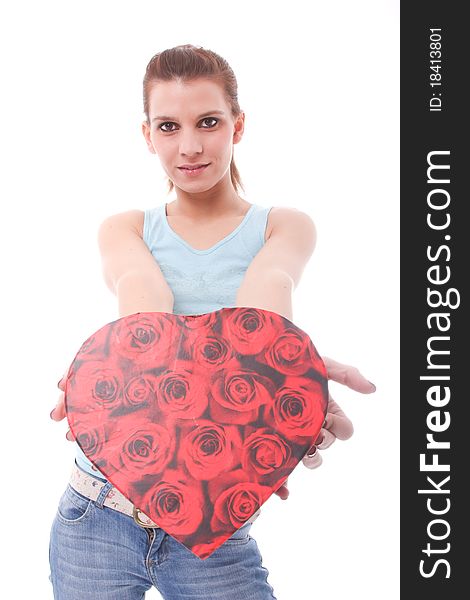 woman with heart shaped present surprised. woman with heart shaped present surprised