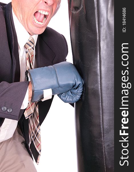 Business man boxing punching bag concept image. Business man boxing punching bag concept image