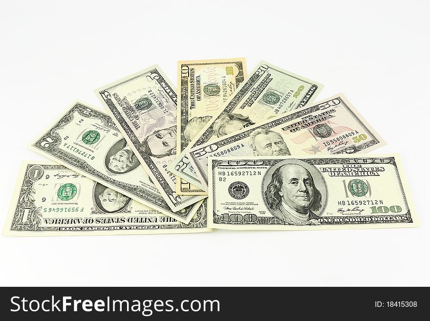 Set of dollars of all values on a white background