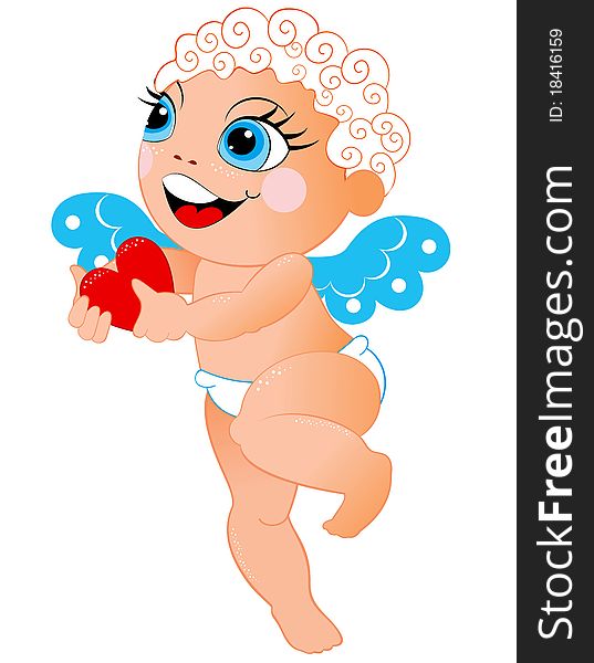 Cute Angel with red heart in hands: the isolated illustration on a white background. Cute Angel with red heart in hands: the isolated illustration on a white background