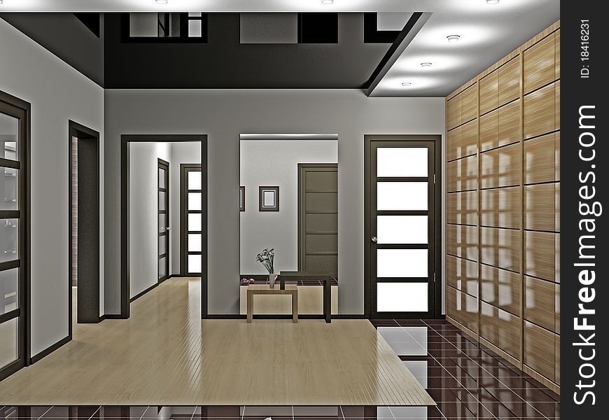 Modern interior of a hall with wardrobe