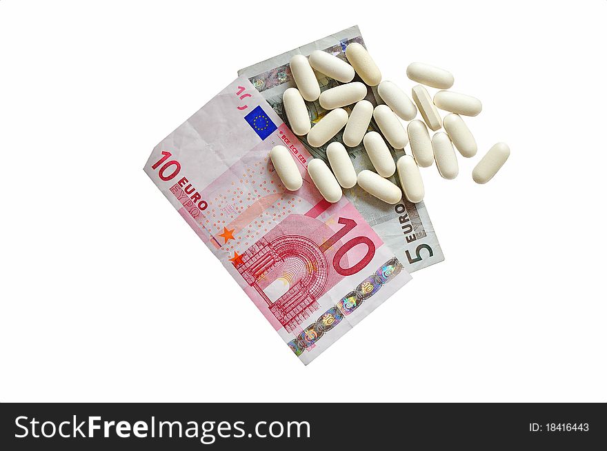 Medical pills and eur money, concept of pharmaceutics or pharmaceutical business. Medical pills and eur money, concept of pharmaceutics or pharmaceutical business.