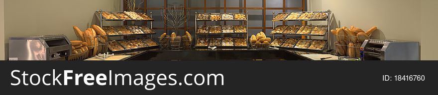 Stitched Panorama of Breads Buffet of a luxury hotel restaurant