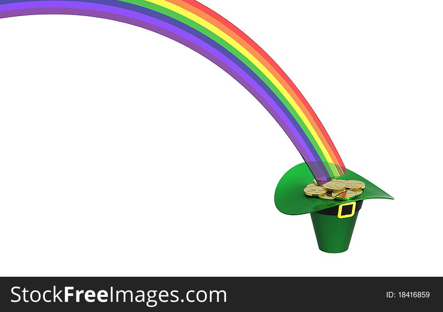 Hat full of gold coins at the end of rainbow