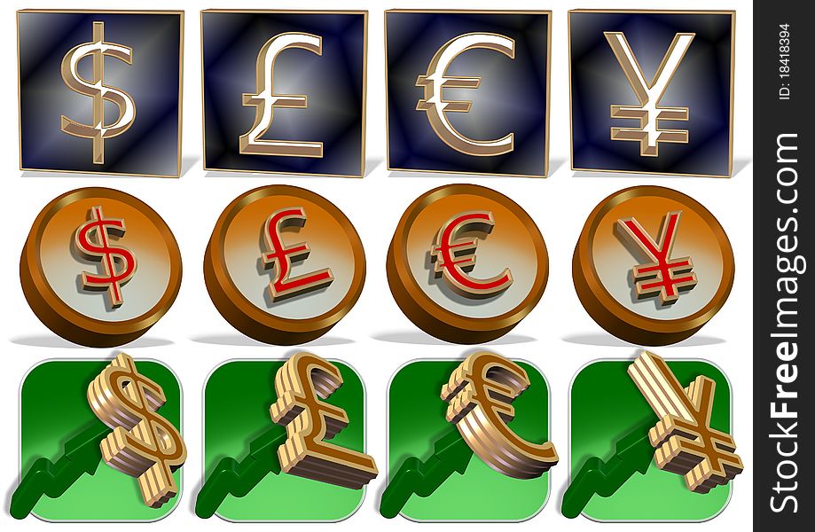 4 vector icons of dollar, pound, euro and yen in 3 different designs. 4 vector icons of dollar, pound, euro and yen in 3 different designs