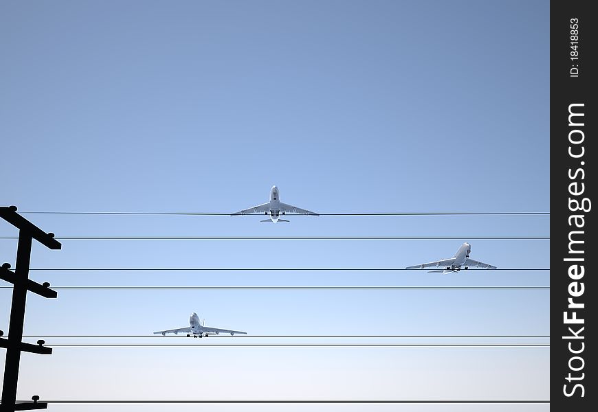 Three planes have a rest on wires. Three planes have a rest on wires