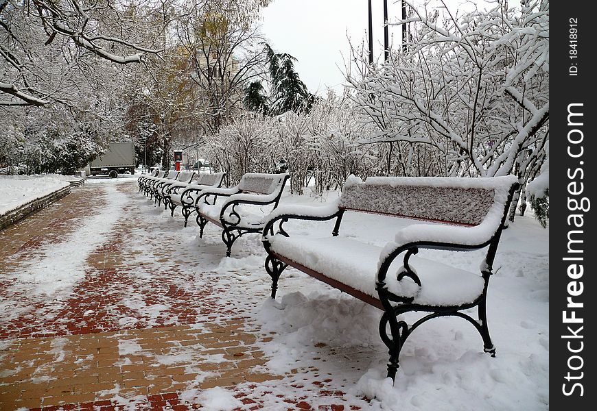 Benches with snow in Sofia