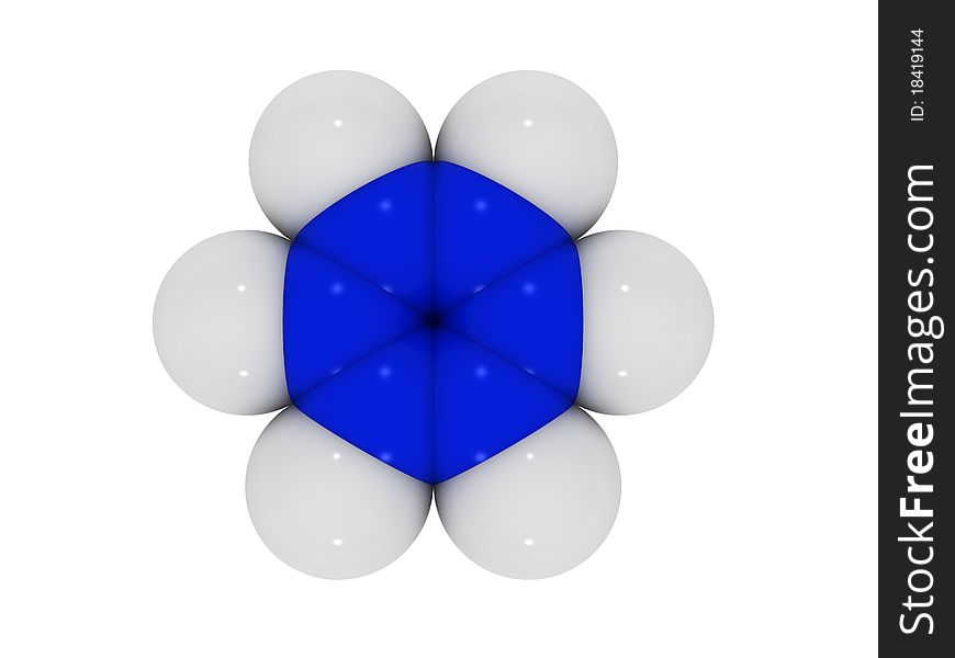 The benzene molecule from six white and six blue balls on white background â„–2. The benzene molecule from six white and six blue balls on white background â„–2