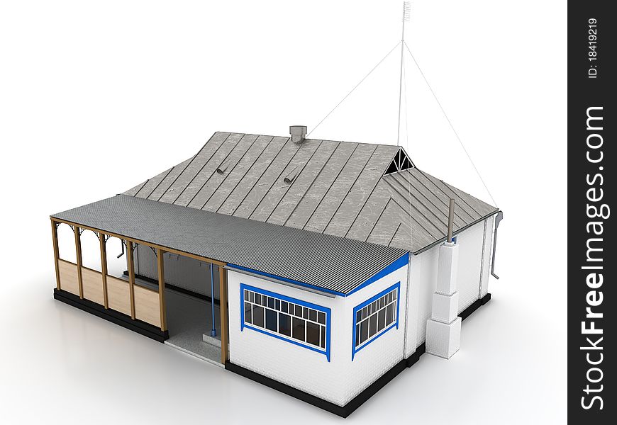 Country house with a tin roof and a veranda of a white brick on the white surface â„–3. Country house with a tin roof and a veranda of a white brick on the white surface â„–3