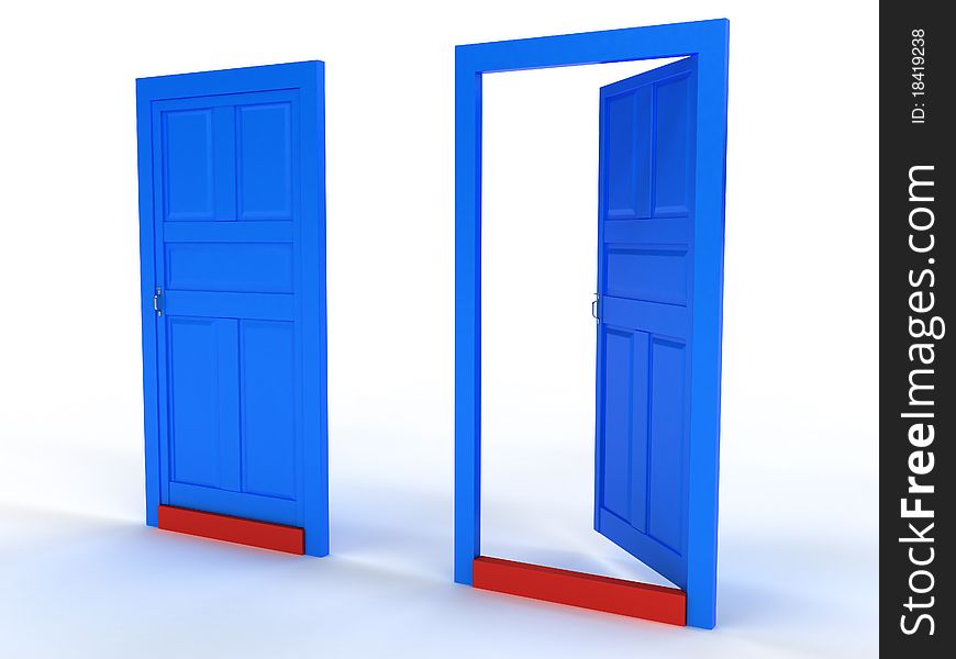 Two blue doors open and closed the door on a white background №2. Two blue doors open and closed the door on a white background №2
