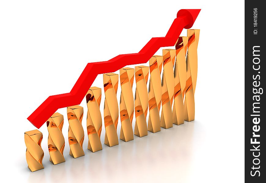 The graph of growth of the red arrows and boxes of twisted gold on a white background mirror №2. The graph of growth of the red arrows and boxes of twisted gold on a white background mirror №2