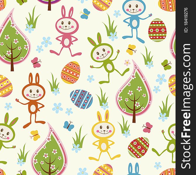 Seamless background with funny rabbits, decorated eggs, trees, flowers and butterflies. Seamless background with funny rabbits, decorated eggs, trees, flowers and butterflies.