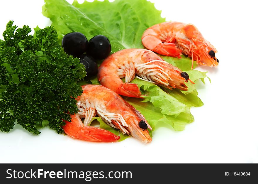 Shrimp with lettuce, parsley and black olives