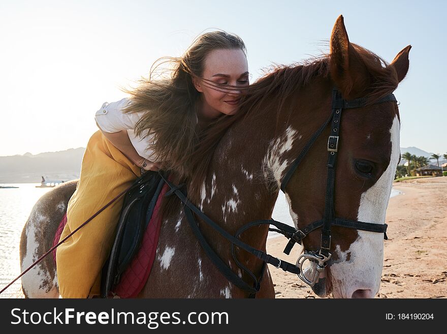 Girl horseback rider sitting on a horse stroking horse`s neck one