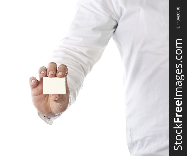 Male hold a note into the camera, isolated on white background. Male hold a note into the camera, isolated on white background