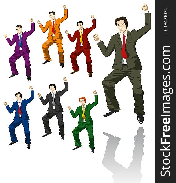 Happy jumping businessman in suits of different color isolated on white background