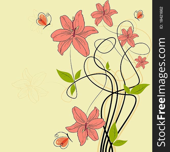 Vector pictures with pink lilia flowers and butterflies. Vector pictures with pink lilia flowers and butterflies