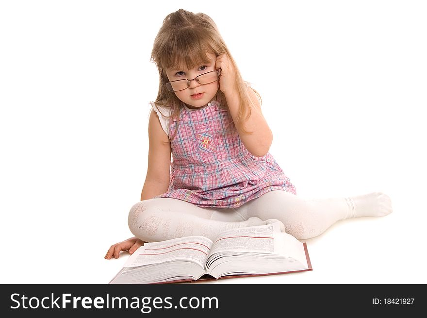 The little girl with the book on white