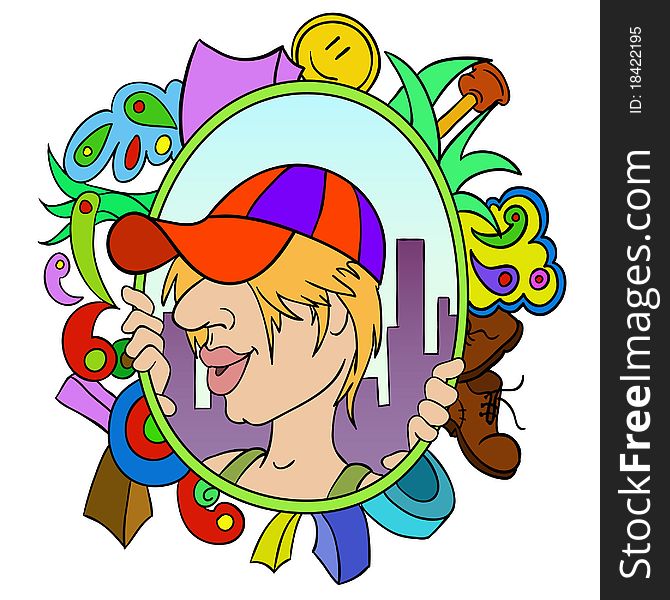 Cartoon Teen In Cap With Abstract Urban Background