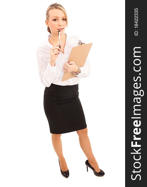 Business Woman in white blouse and black skirt with a clipboard and pen. Business Woman in white blouse and black skirt with a clipboard and pen