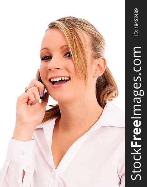 Business Woman in white blouse on the telephone. Business Woman in white blouse on the telephone