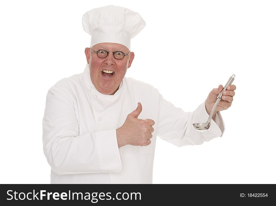 A cook with a soup ladle