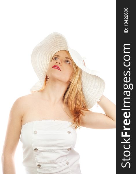 Beauty blond with hat on white background. Beauty blond with hat on white background