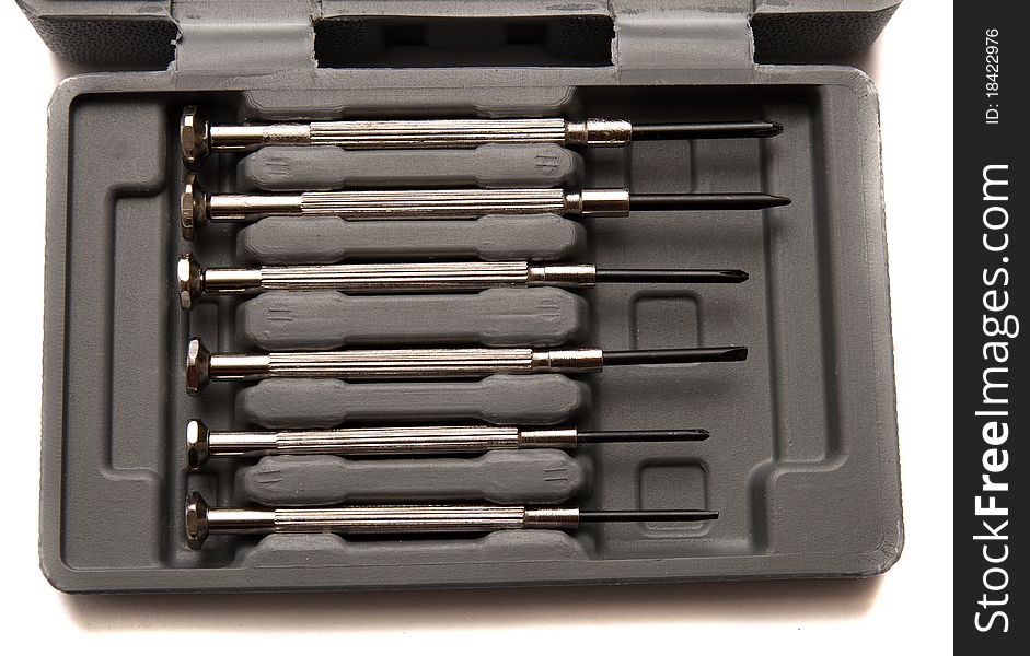 Close up of the household tool kit on white.