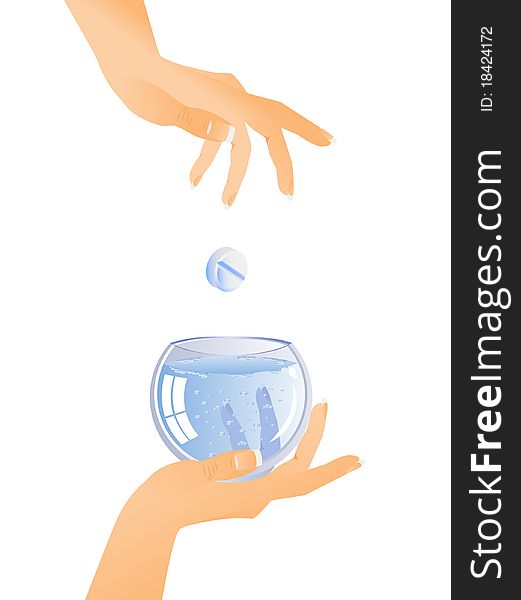 Vector isolated figure. Dissolution of the tablets in a glass of water. Hand holds the glass. Another throws tablet. Vector isolated figure. Dissolution of the tablets in a glass of water. Hand holds the glass. Another throws tablet.