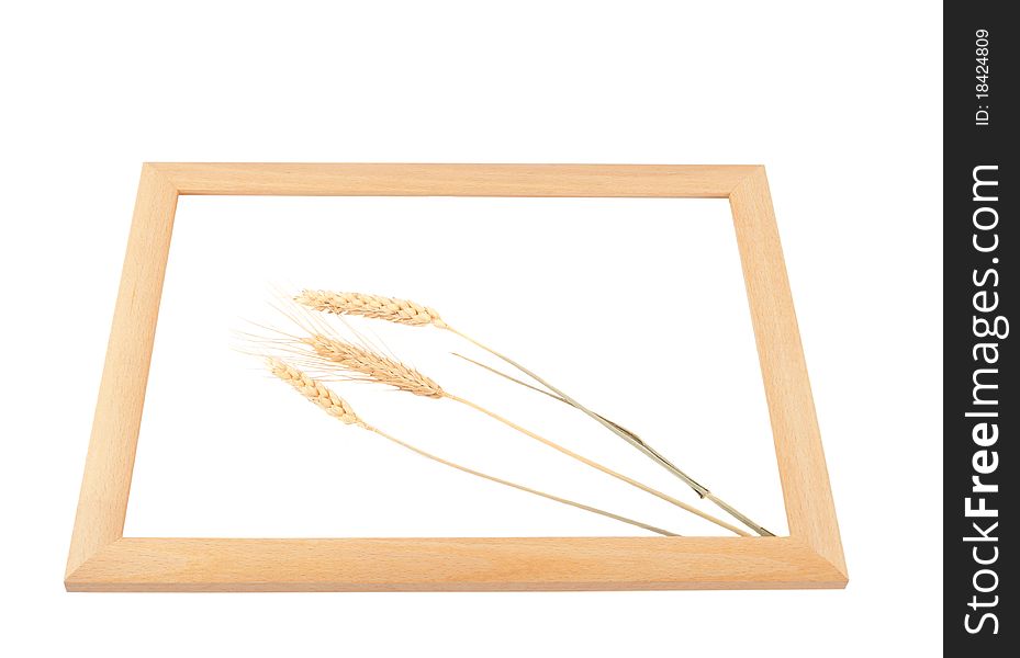 Wooden frame with spikelets of wheat on a white background