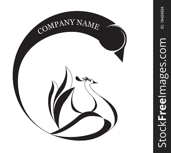 Logotype of company in black and white colors with a swan and abstract wave