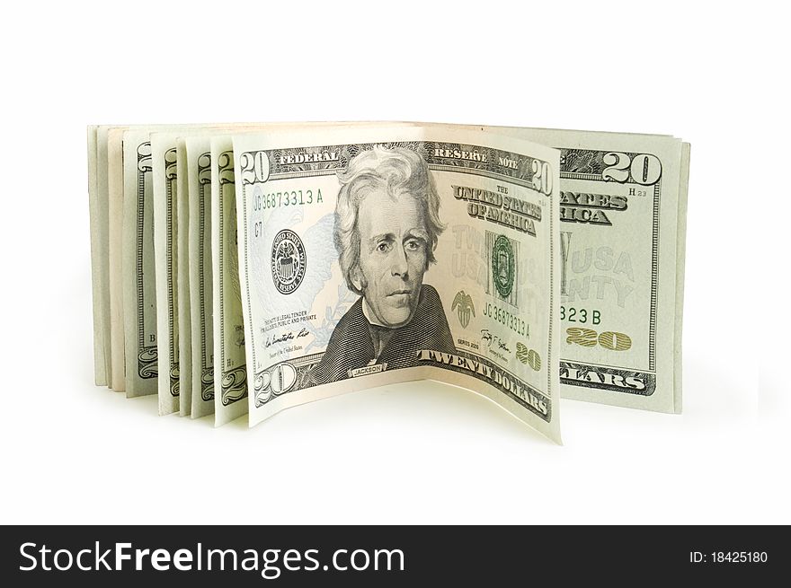 Twenty US Dollar Bills isolated on a white background. Twenty US Dollar Bills isolated on a white background.