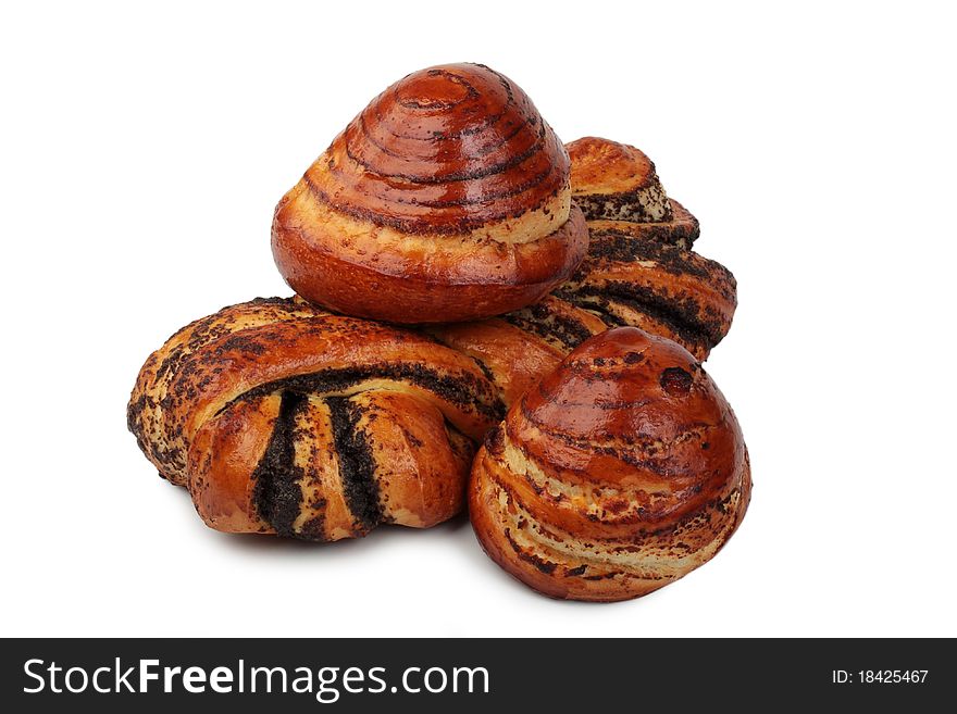 Sweet rolls with cheese and roll with poppy seeds isolated on a white background