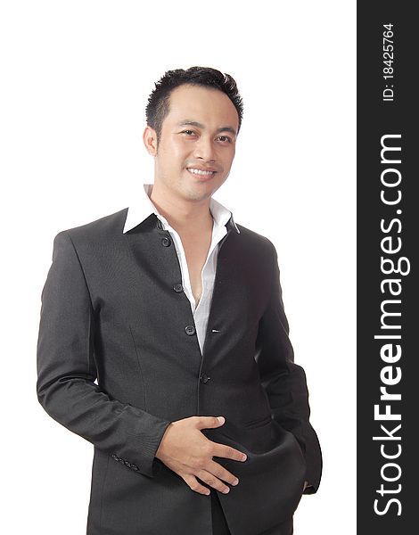 Portrait of young asian man wearing suit without tie. isolated over white background