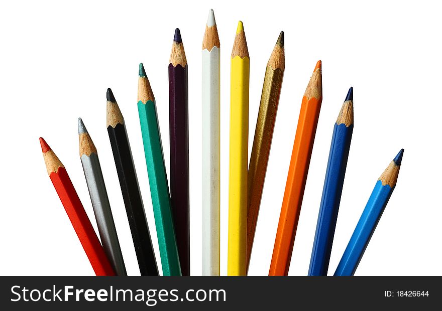Eleven colored pencils on white background. Isolated. Eleven colored pencils on white background. Isolated.
